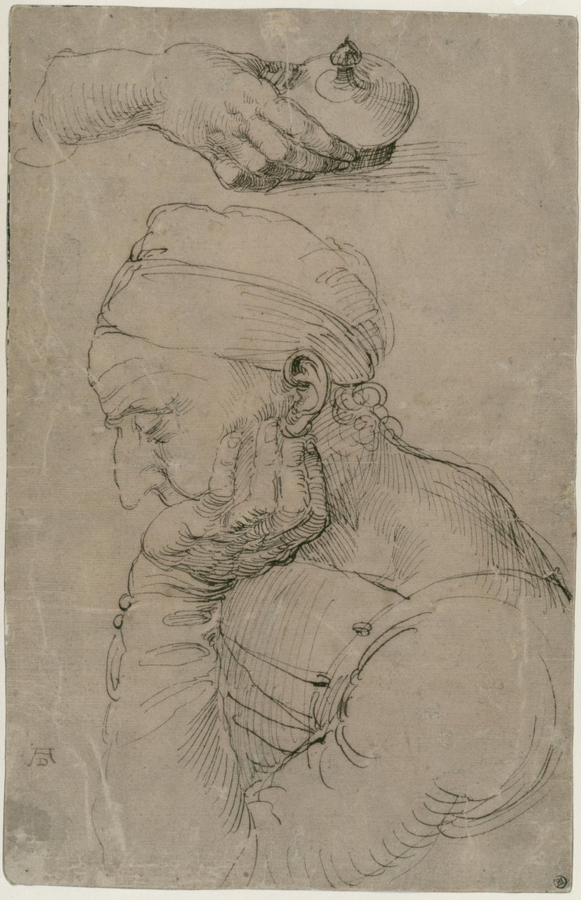 Alvó férfi és egy kenőcsös edényt tartó kéz tanulmánya alkotó: Albrecht Dürer