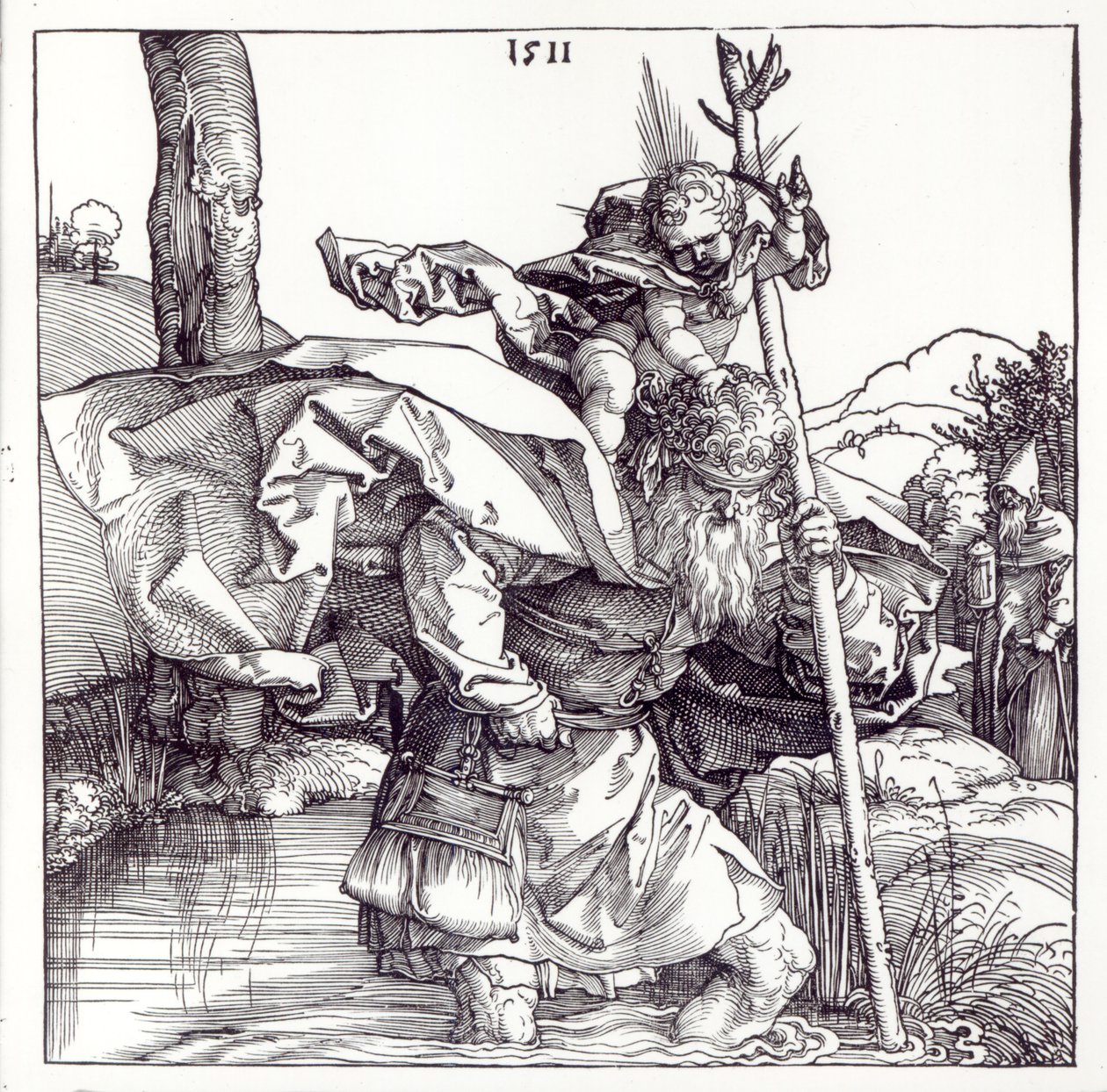 Szent Kristóf, aki a csecsemő Krisztust hordozza, 1511 (fametszet) (bw fotó) alkotó: Albrecht Dürer