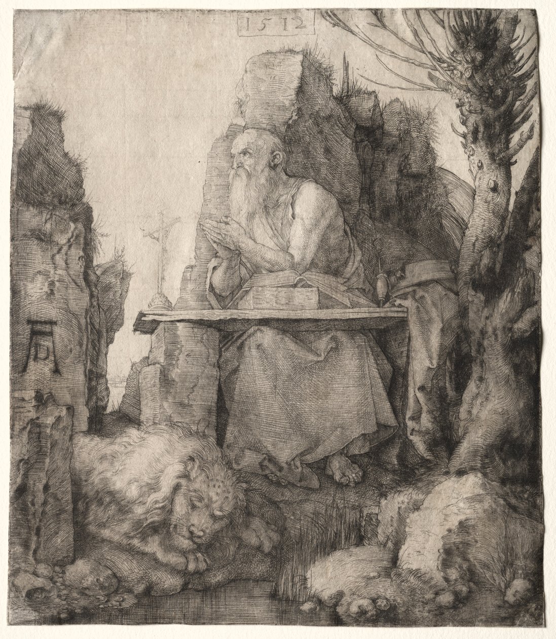 Szent Jeromos egy póllard fűz közelében ül alkotó: Albrecht Dürer