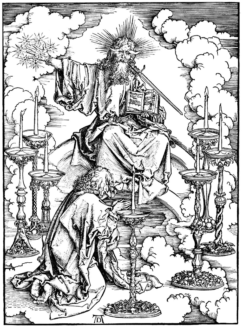 Szent János Krisztus látomása és a hét gyertyatartó az Apokalipszisből, c. 1497 alkotó: Albrecht Dürer
