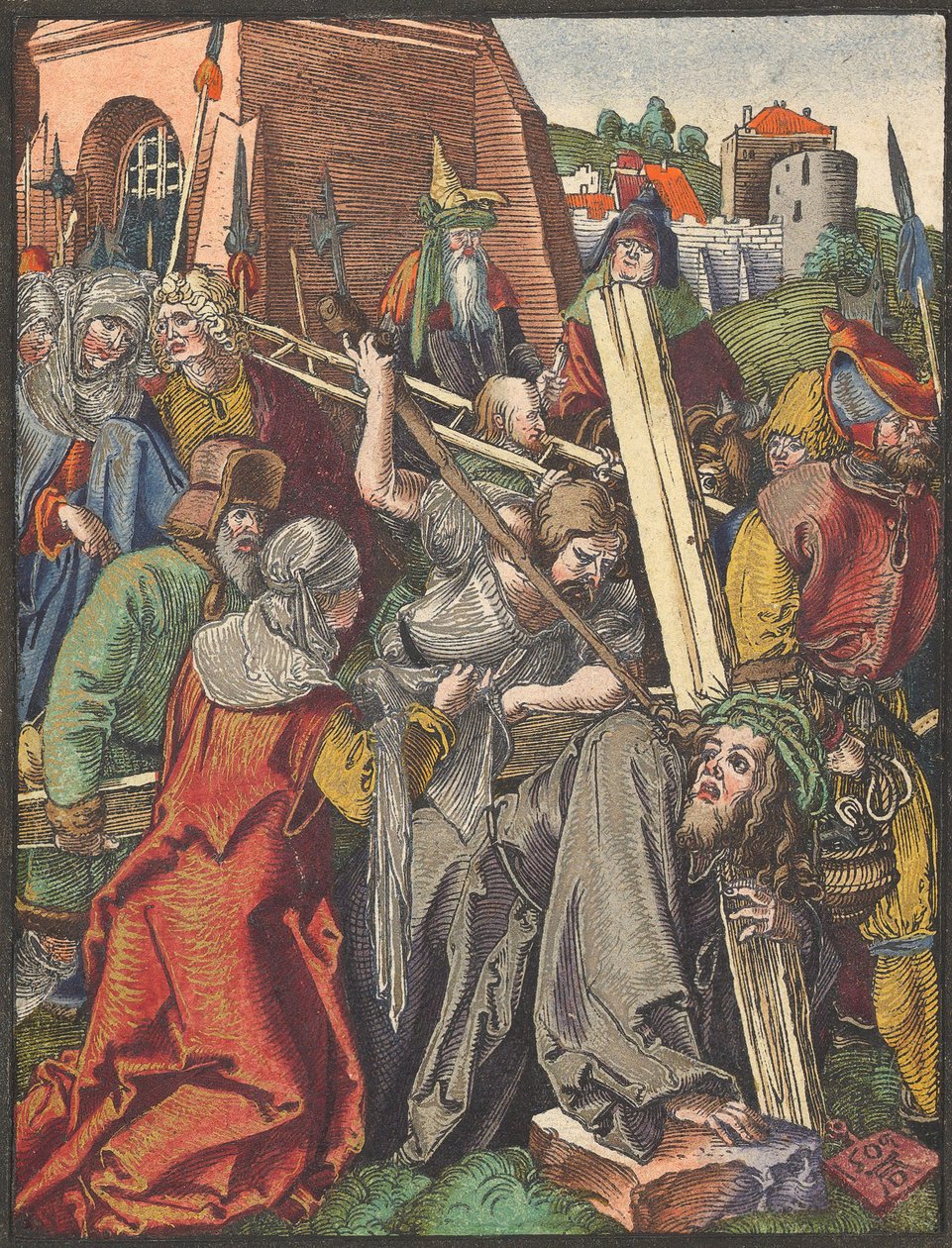 A kereszthordozás, a Kis fametszetű passióból.n.d. alkotó: Albrecht Dürer