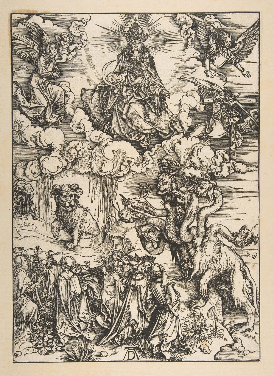 A kétszarvú fenevad, mint a bárány, az Apokalipszisből, latin kiadás, 1511, kb. 1496. alkotó: Albrecht Dürer