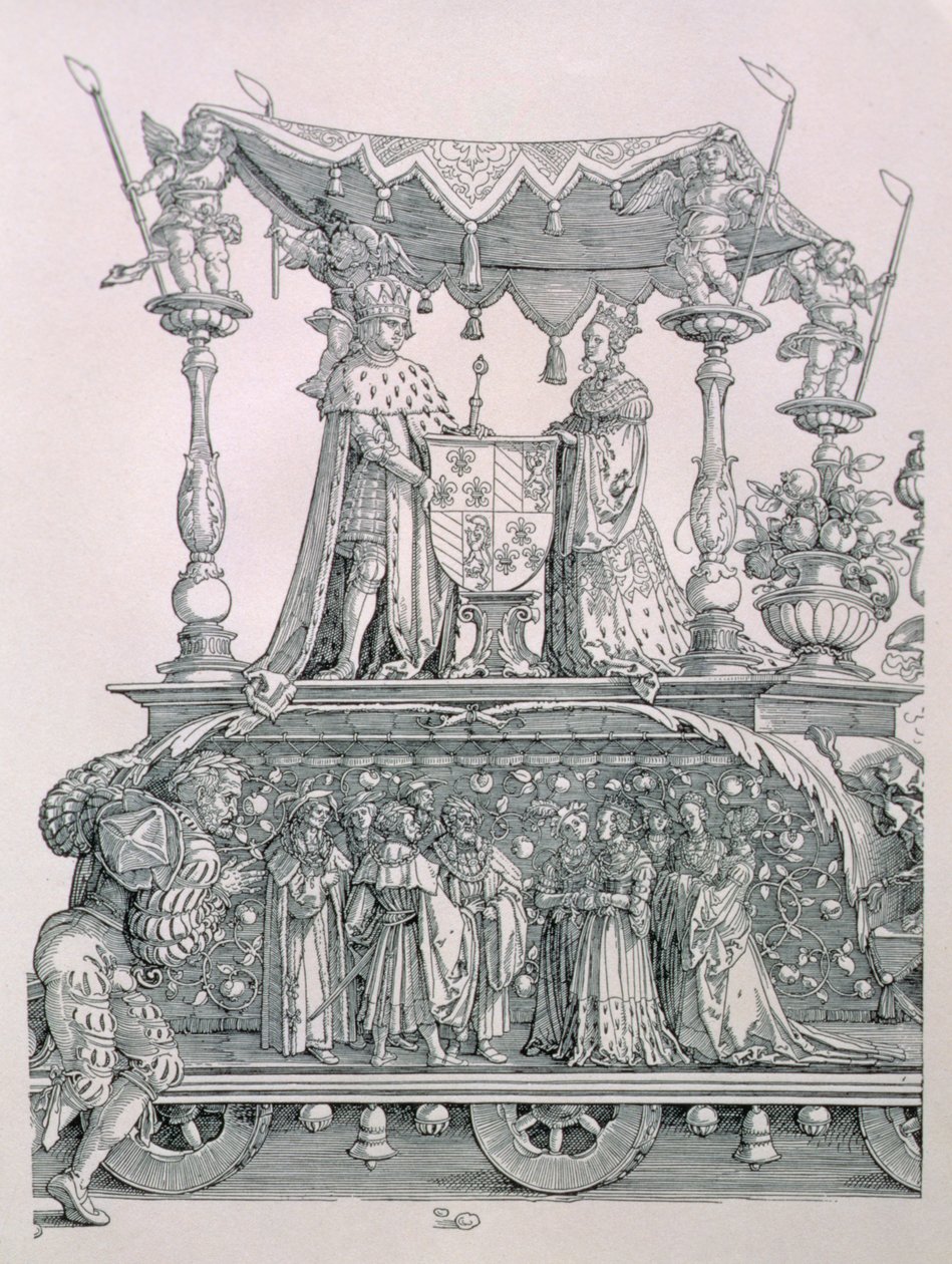 A burgundi házasság vagy I. Maximilian német császár (1459-1519) diadalmenete, amely Maximilian és Burgundi Mária (1458-82) esküvői szekerét mutatja, kiad. 1526 (részlet alkotó: Albrecht Dürer