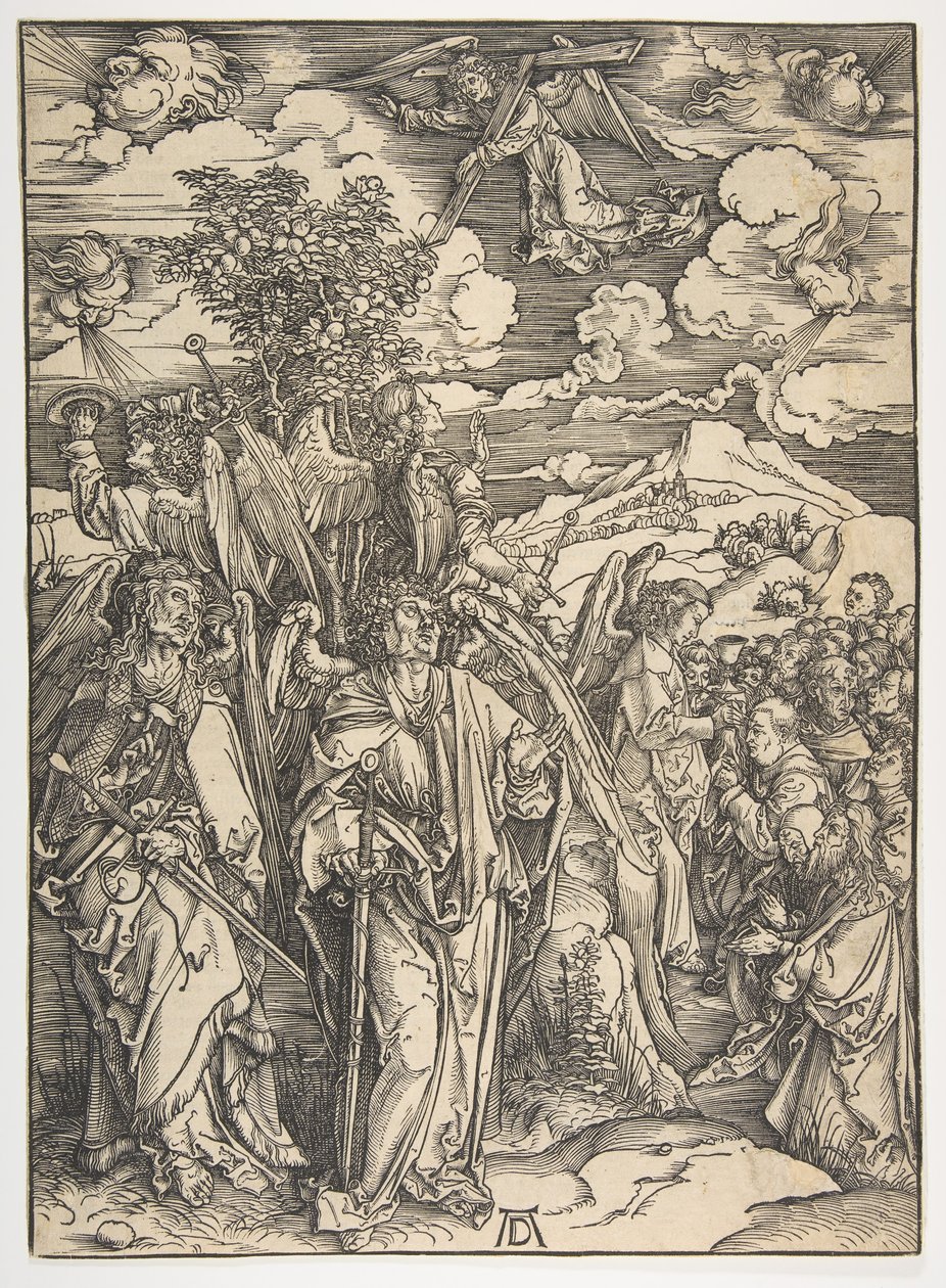 The Four Angels Holding the Winds, Az Apokalipszisből, német kiadás, 1498, kb. 1498. alkotó: Albrecht Dürer