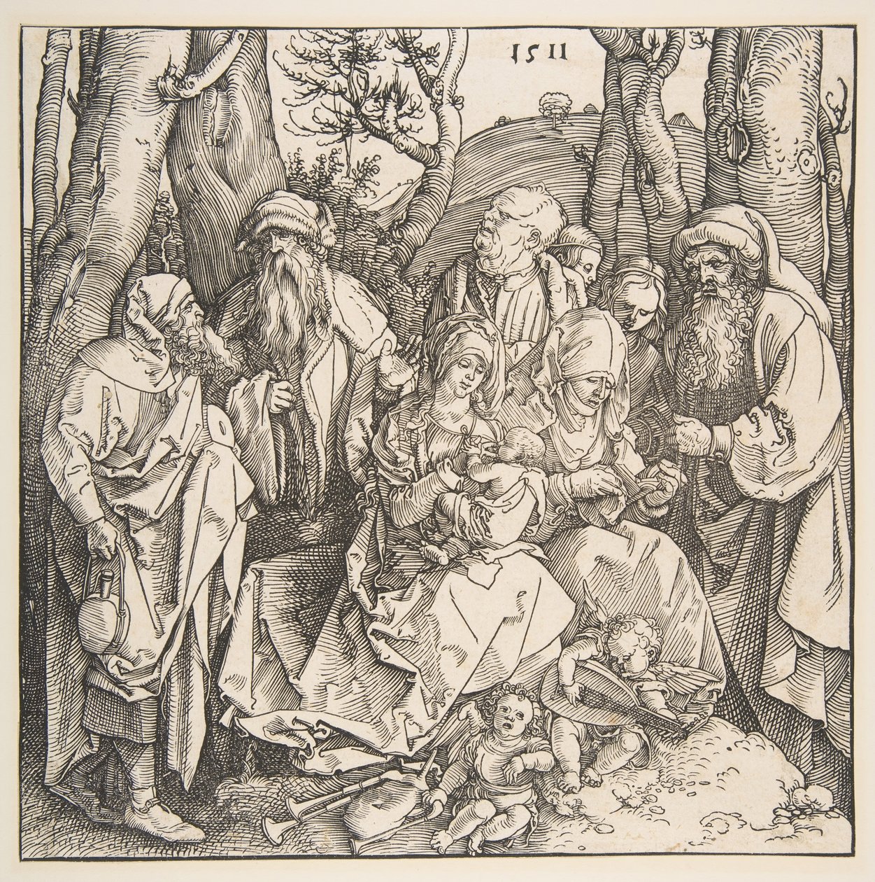 A Szent Család szentekkel és két muzsikus angyallal, 1511. alkotó: Albrecht Dürer