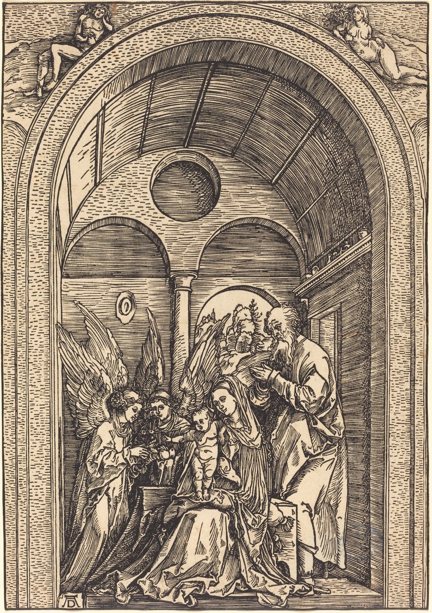 A Szent Család két angyallal egy boltíves teremben alkotó: Albrecht Dürer