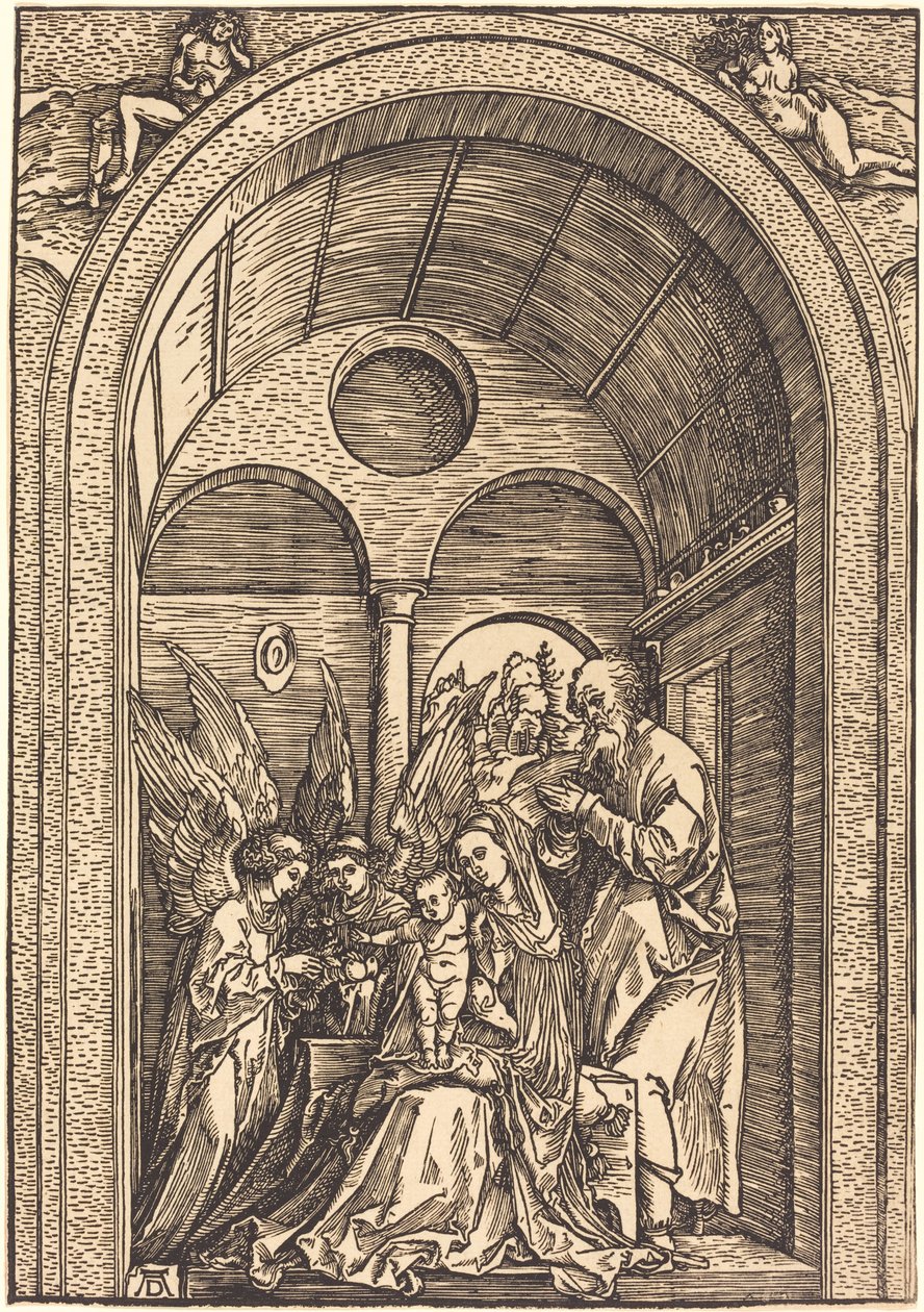 A Szent Család két angyallal egy boltíves teremben alkotó: Albrecht Dürer