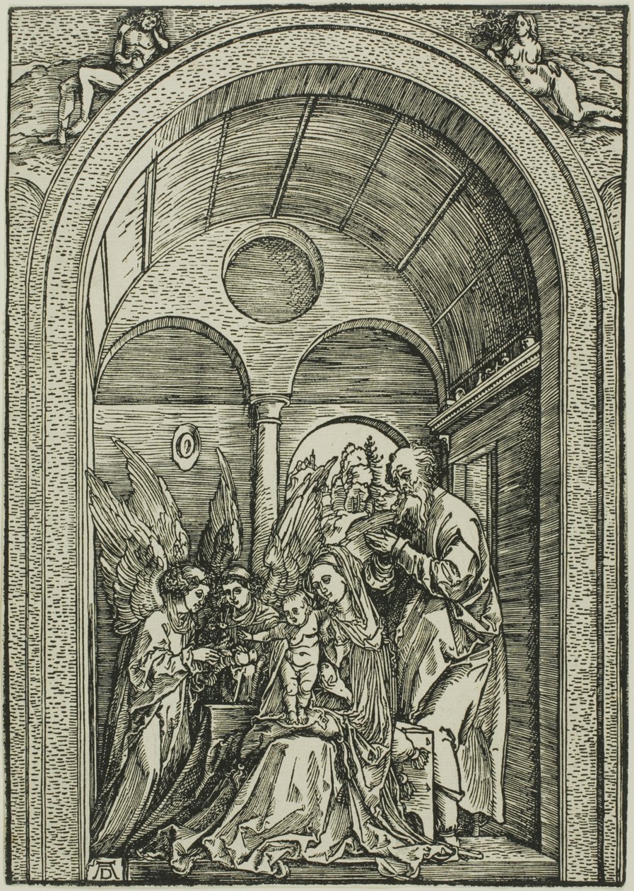 A Szent Család két angyallal egy boltíves teremben alkotó: Albrecht Dürer