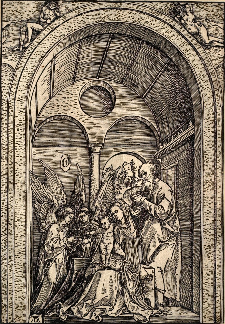 A Szent Család két angyallal egy boltozatos teremben alkotó: Albrecht Dürer