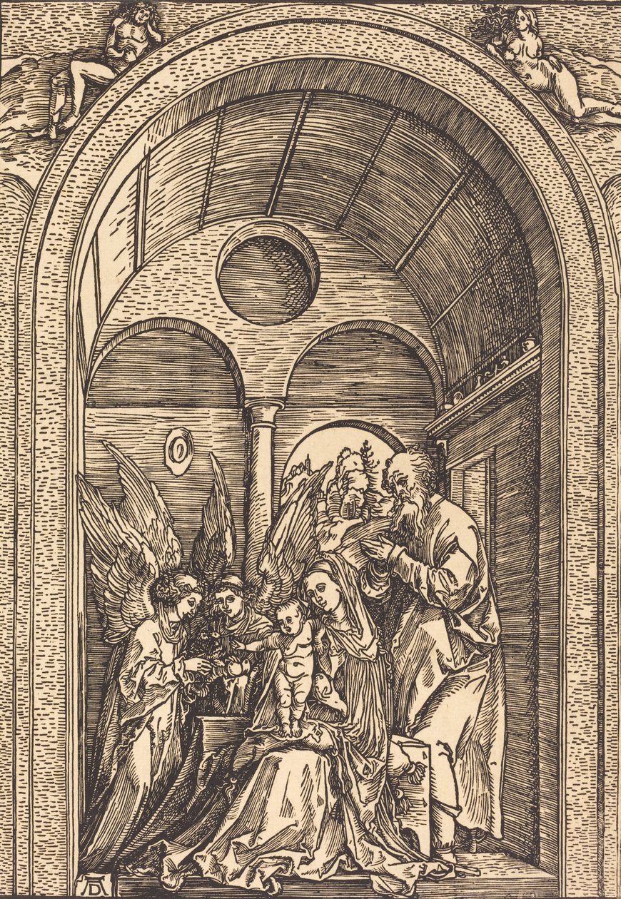 A Szent Család két angyallal boltíves teremben, c. 1504. alkotó: Albrecht Dürer