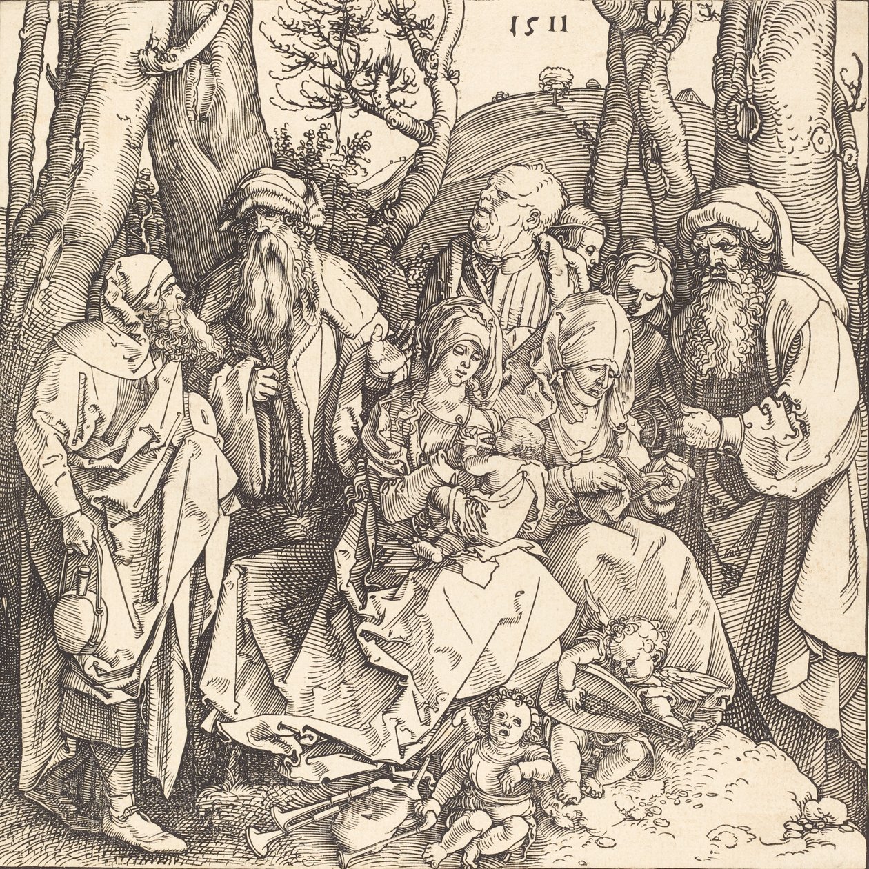 A Szent Család két muzsikáló angyallal, 1511. alkotó: Albrecht Dürer