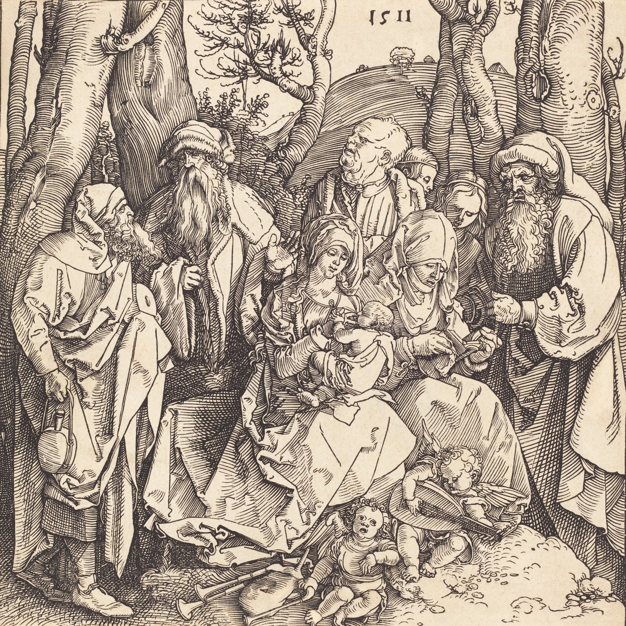 A Szent Család két muzsikáló angyallal, 1511. alkotó: Albrecht Dürer