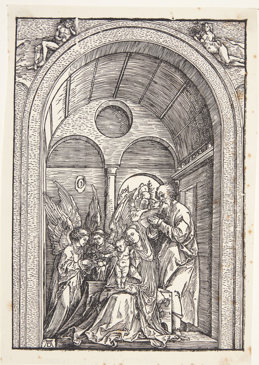 A Szent Család két angyallal egy boltíves teremben alkotó: Albrecht Dürer