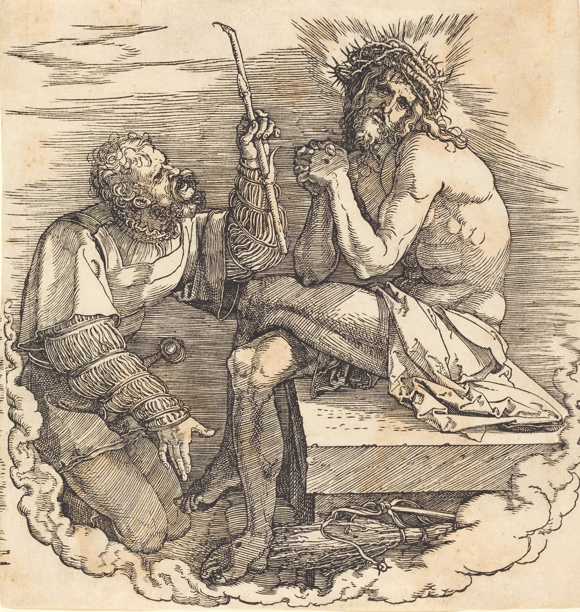 A bánat embere, akit egy katona csúfolt, valószínűleg 1511-ben. alkotó: Albrecht Dürer
