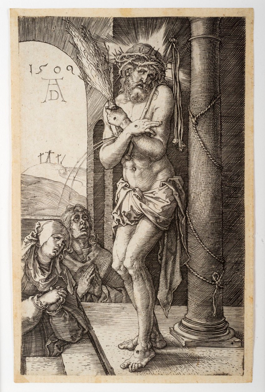 A Fájdalmak embere a Szűzanyával és Szent Jánossal oszlopnál, a Vésett passióból alkotó: Albrecht Dürer