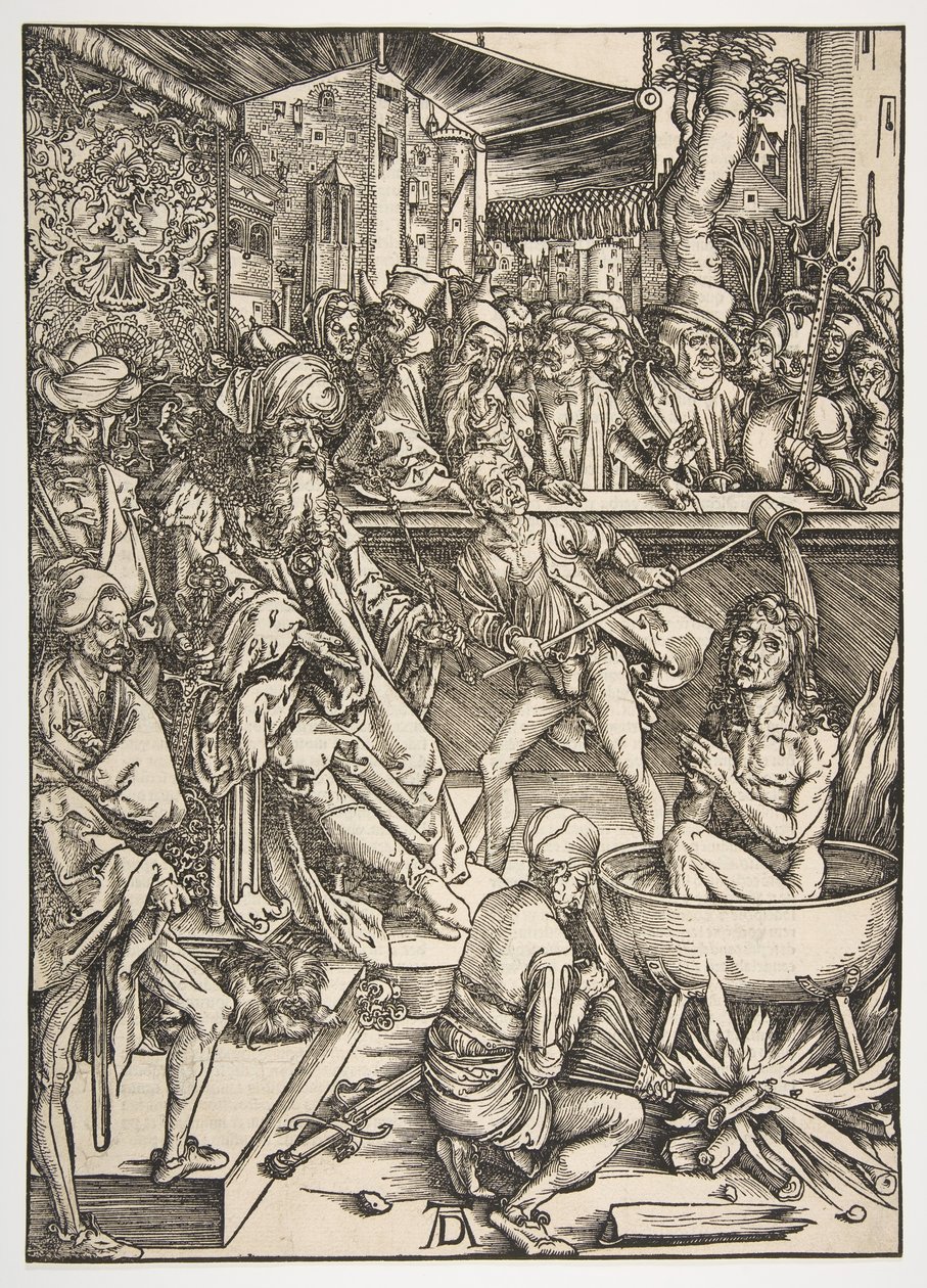 Szent János vértanúsága, Az Apokalipszisből, latin kiadás, 1511, kb. 1496. alkotó: Albrecht Dürer