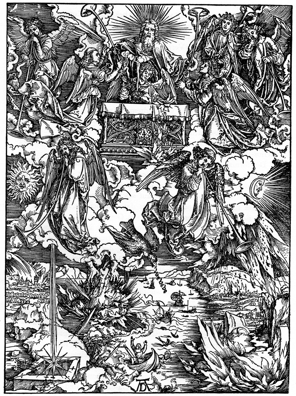 A hetedik pecsét felnyitása, A hét angyal trombitákkal, 1498, 1936 alkotó: Albrecht Dürer