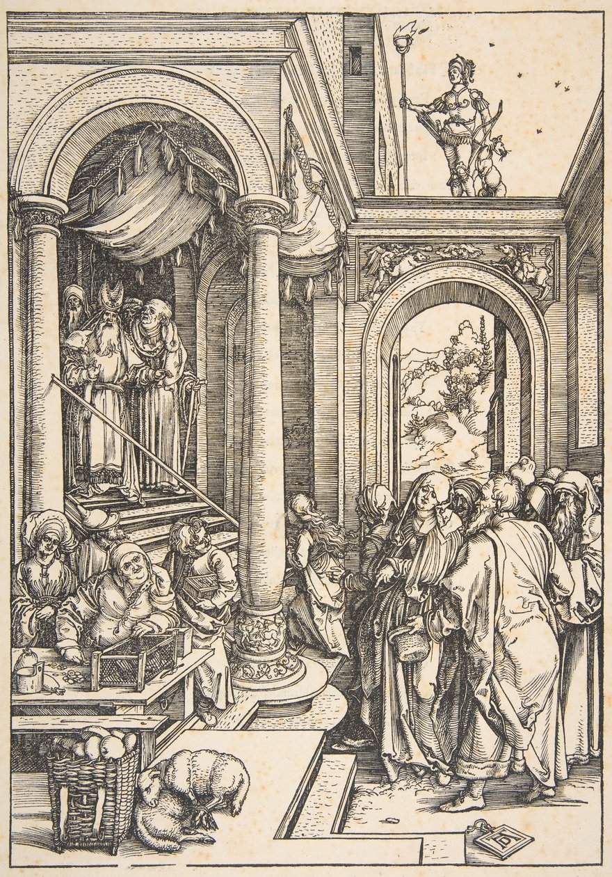 A Szűz bemutatása a templomban, A Szűz élete című filmből, kb. 1503. alkotó: Albrecht Dürer