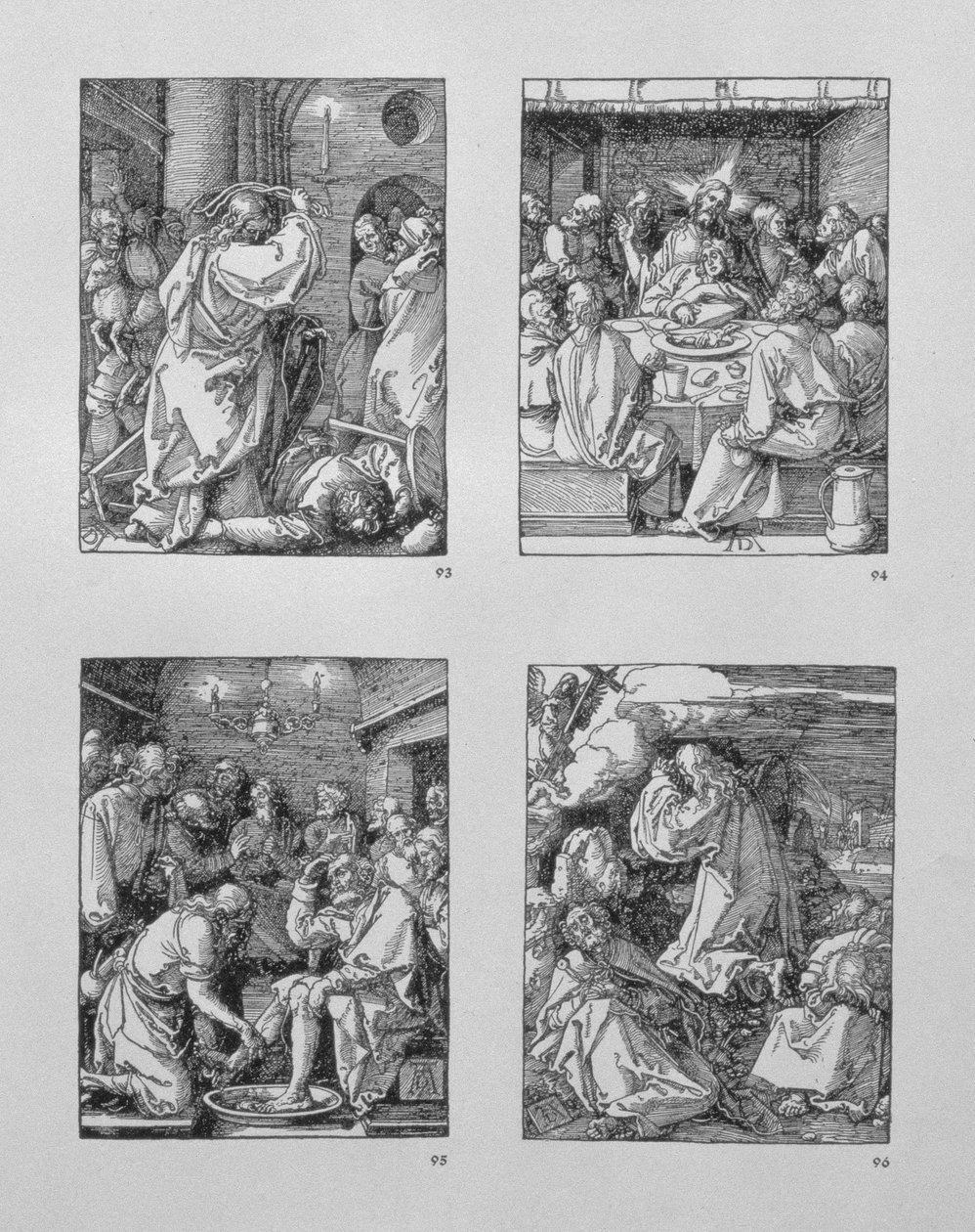 A „Kis szenvedély” sorozat: (az óramutató járásával megegyező irányban) Krisztus kiűzi a pénzváltókat a templomból; az utolsó vacsora; Krisztus, aki megmosta Péter lábát; Agónia a kertben, kocsma.1511 alkotó: Albrecht Dürer