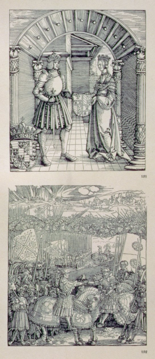 I. Maximilianus német császár diadalíve (1459-1519): a bal oldali portál felett elhelyezett két tábla részlete, amelyek I. Maximiliánt és első feleségét, Burgundi Máriát (1457-82) ábrázolják (felül). alkotó: Albrecht Dürer