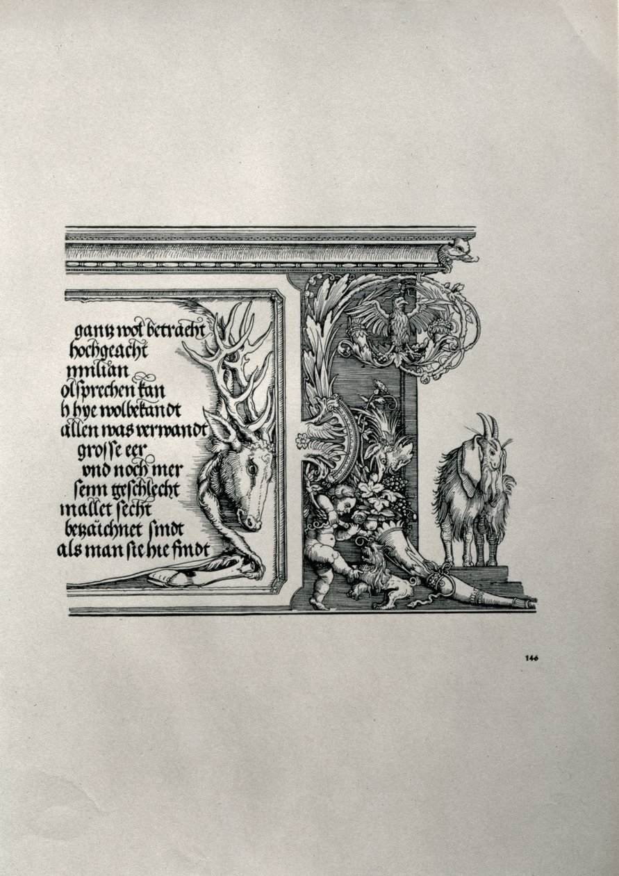 I. Maximilian német császár diadalíve 1459-1519: egy szarvasbőr részlete a császári családi kapcsolatokat dicsérő felirattal, egy füles kecskével, a jó hevességének jelképe alkotó: Albrecht Dürer