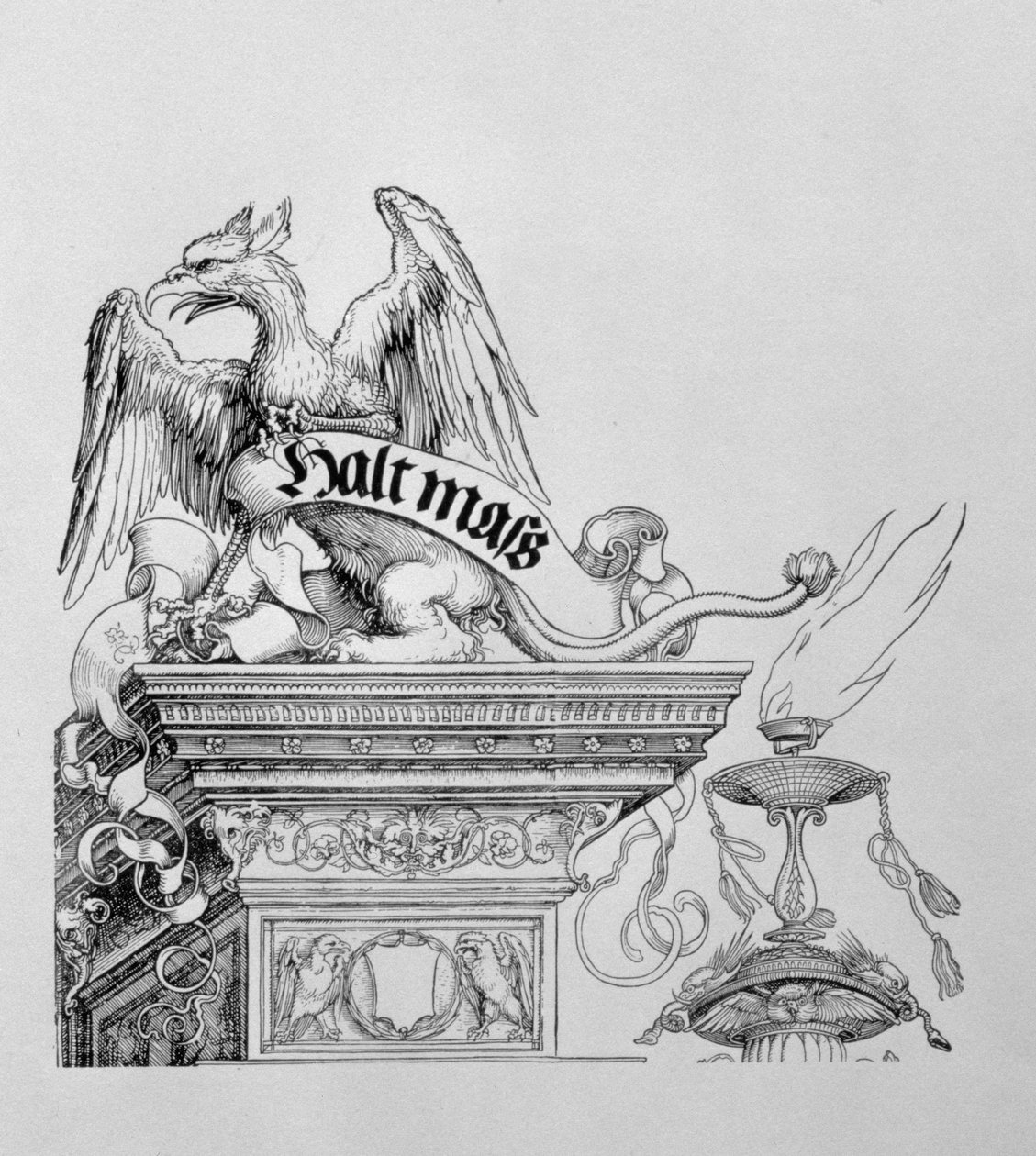 I. Maximilian német császár diadalíve 1459-1519: egy tekercset tartó szárnyas griff részlete, kocsma. 151718 fametszet alkotó: Albrecht Dürer