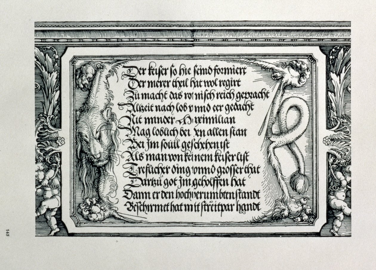 I. Maximilian német császár diadalíve 1459-1519: a dekorációs séma részlete, amelyen oroszlánbőr látható, rajta a császári családi kapcsolatokat dicsérő felirattal, kocsma. 151718 fametszet alkotó: Albrecht Dürer