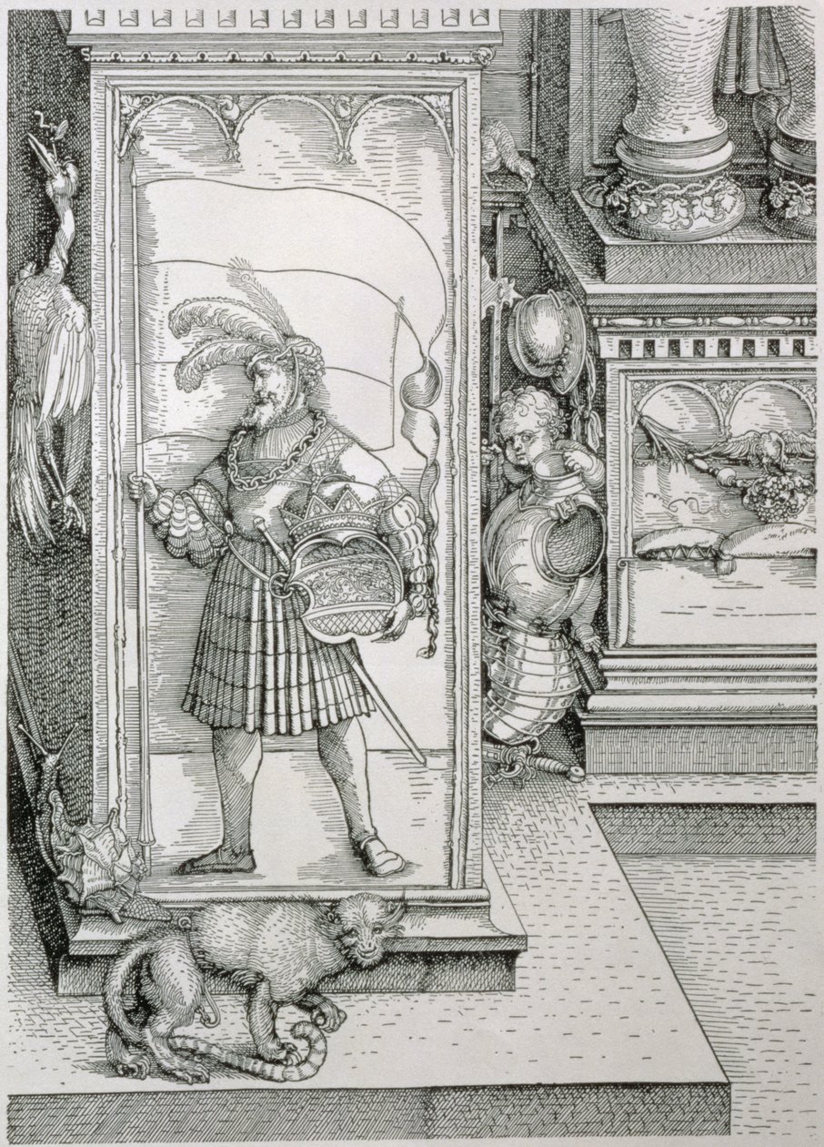 I. Maximilian német császár diadalíve 1459-1519: a portál oszlopalapjának részlete, amelyen egy etalont és koronás címert hordozó férfialak faragott domborműve látható, kocsma. 151718 woodc alkotó: Albrecht Dürer