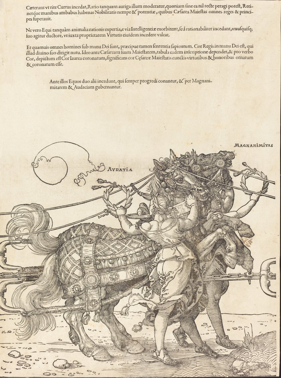 Maximilian I. diadalszekere A nagy diadalkocsi [8/7. tábla], 1523, latin kiadás. alkotó: Albrecht Dürer