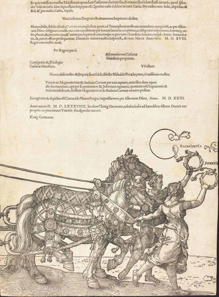 Maximilian I. diadalszekere A nagy diadalkocsi [8/8. tábla], 1523, latin kiadás. alkotó: Albrecht Dürer