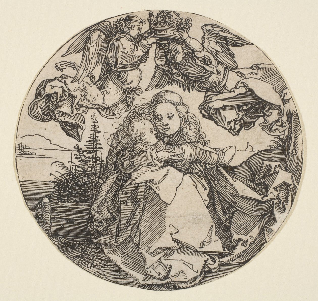 A két angyal által megkoronázott Szűz és gyermek egy kivágott táj felett, kb. 1504. alkotó: Albrecht Dürer