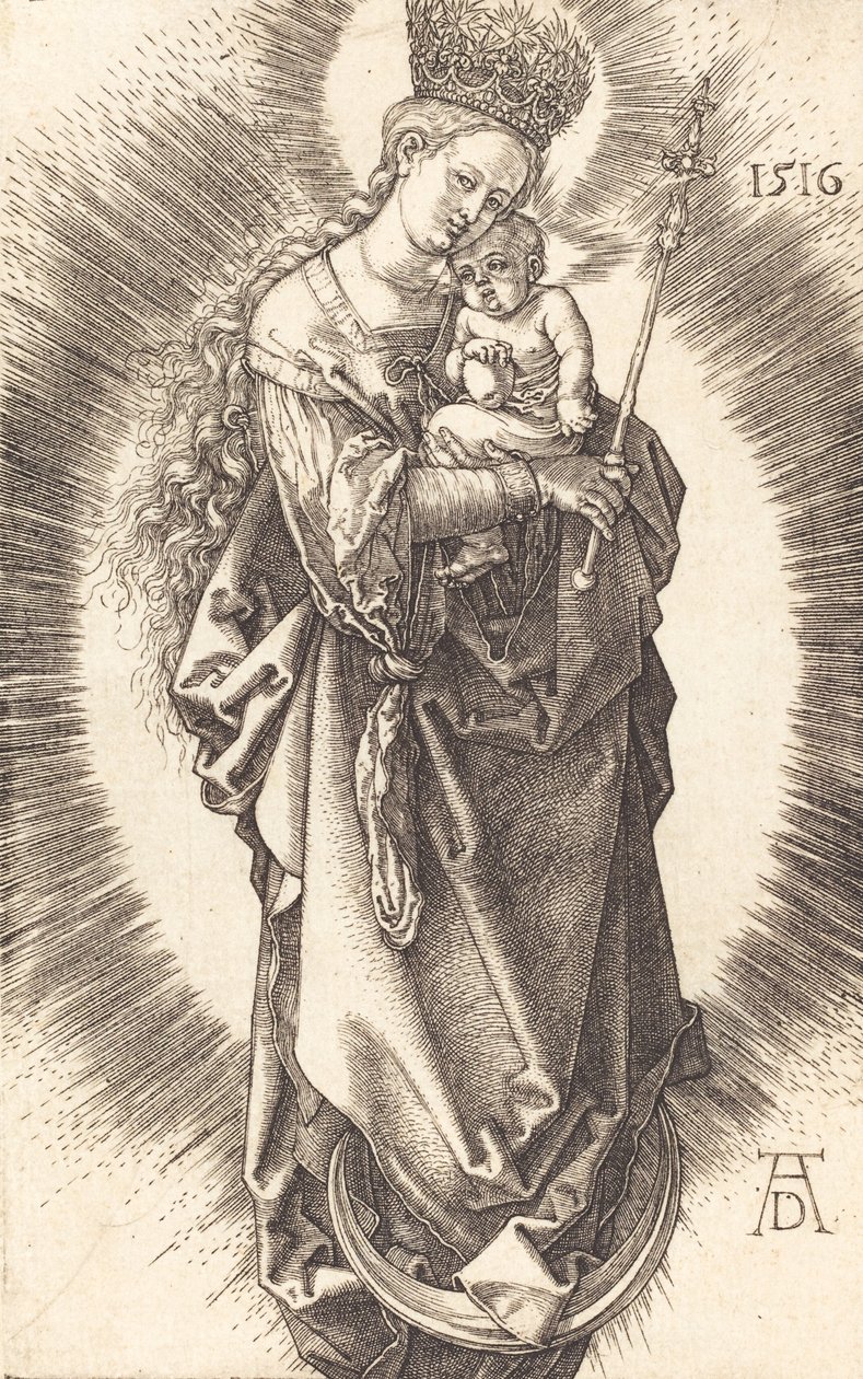 Szűz és gyermek a félholdon, jogarral és csillagos koronával, 1516. alkotó: Albrecht Dürer