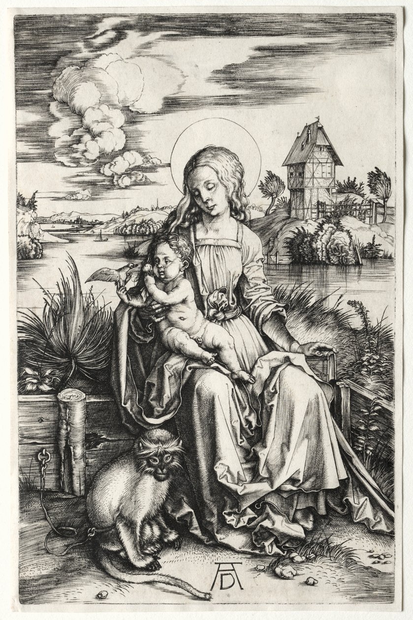 Szűz és gyermek majommal, c. 1498. alkotó: Albrecht Dürer