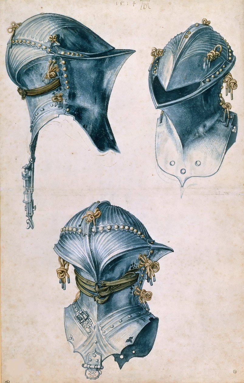 Egy lovagi sisak három képe, c. 1500. alkotó: Albrecht Dürer