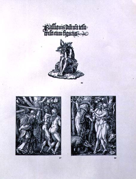 Három oldal a Kis passió sorozatból: (felső) címlap Krisztus mint a fájdalmak emberével és latin felirattal; (balra) A Kiűzetés a Paradicsomból; (jobbra) Ádám és Éva, kocsma. 1511 alkotó: Albrecht Dürer