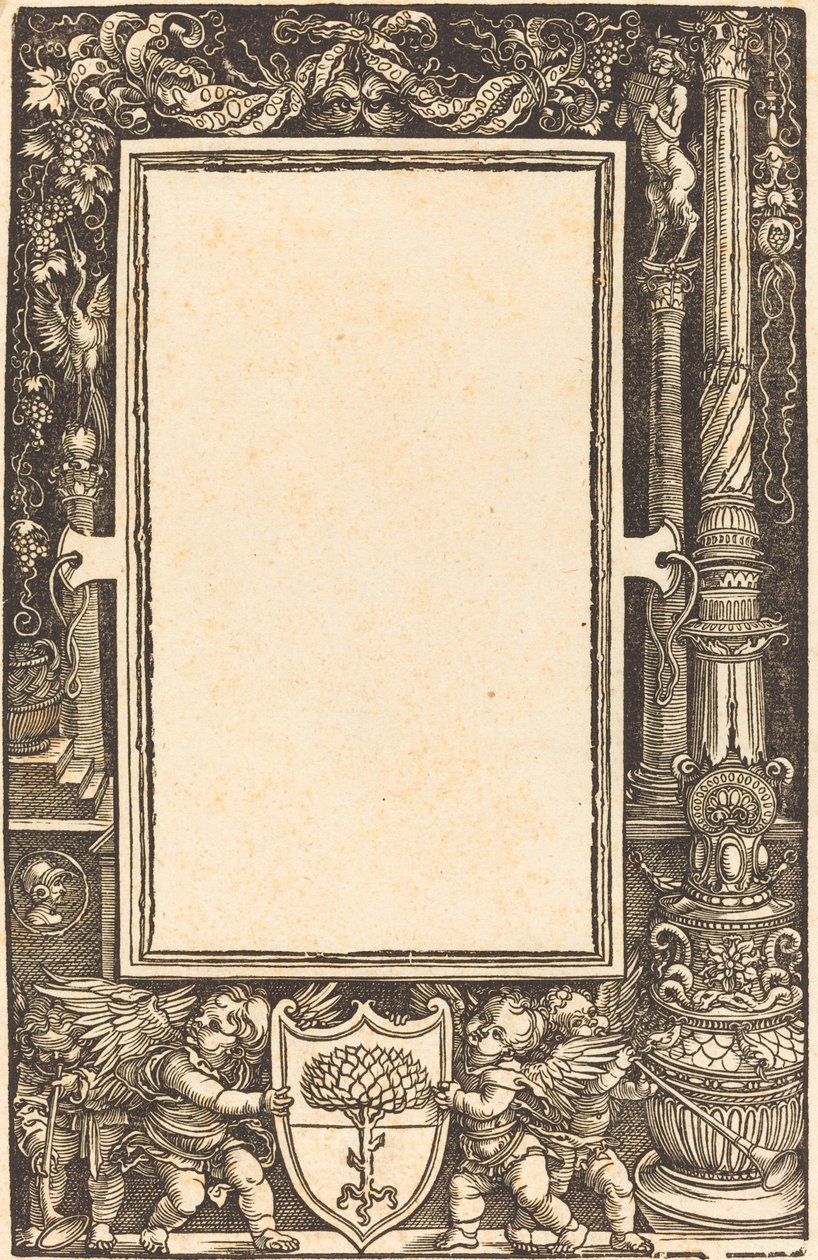 Címhatár Pirckheimer fegyvert tartó Puttival, valószínűleg 1513. alkotó: Albrecht Dürer