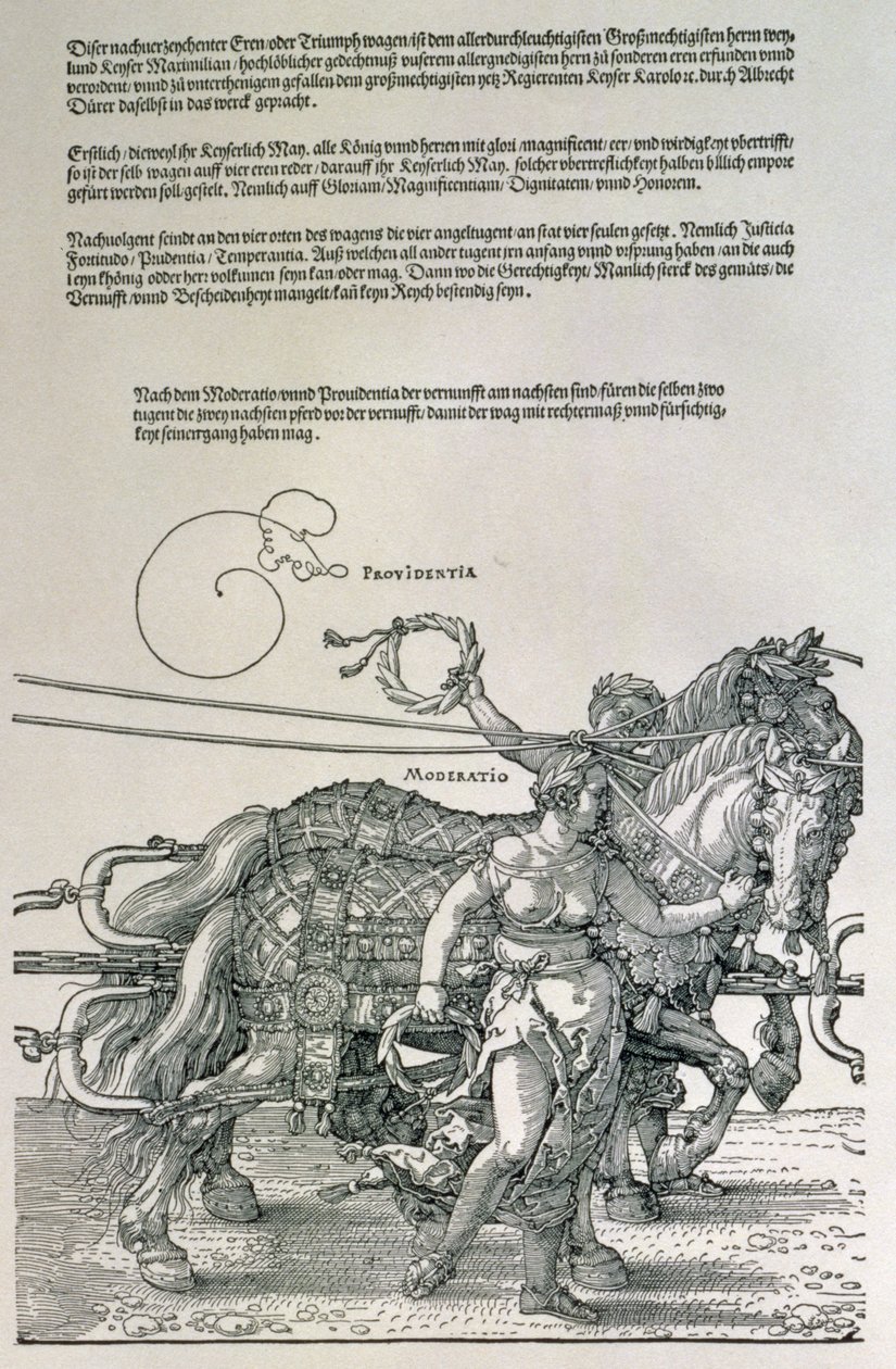 I. Maximilian német császár (1459-1519) diadalszekere: a lovascsapatok részlete, két erény, a Gondviselés és a Mérséklet által irányítva, kocsma. 1518 körül (fametszet) alkotó: Albrecht Dürer