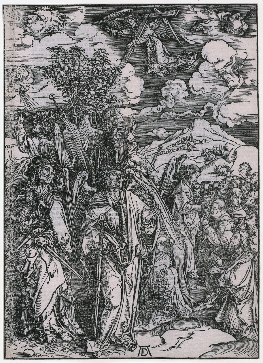 Négy angyal, akik visszatartják a szeleket / A kiválasztottak megpecsételése, V. alak, a „Jelenések” sorozat 7. lapja alkotó: Albrecht Dürer
