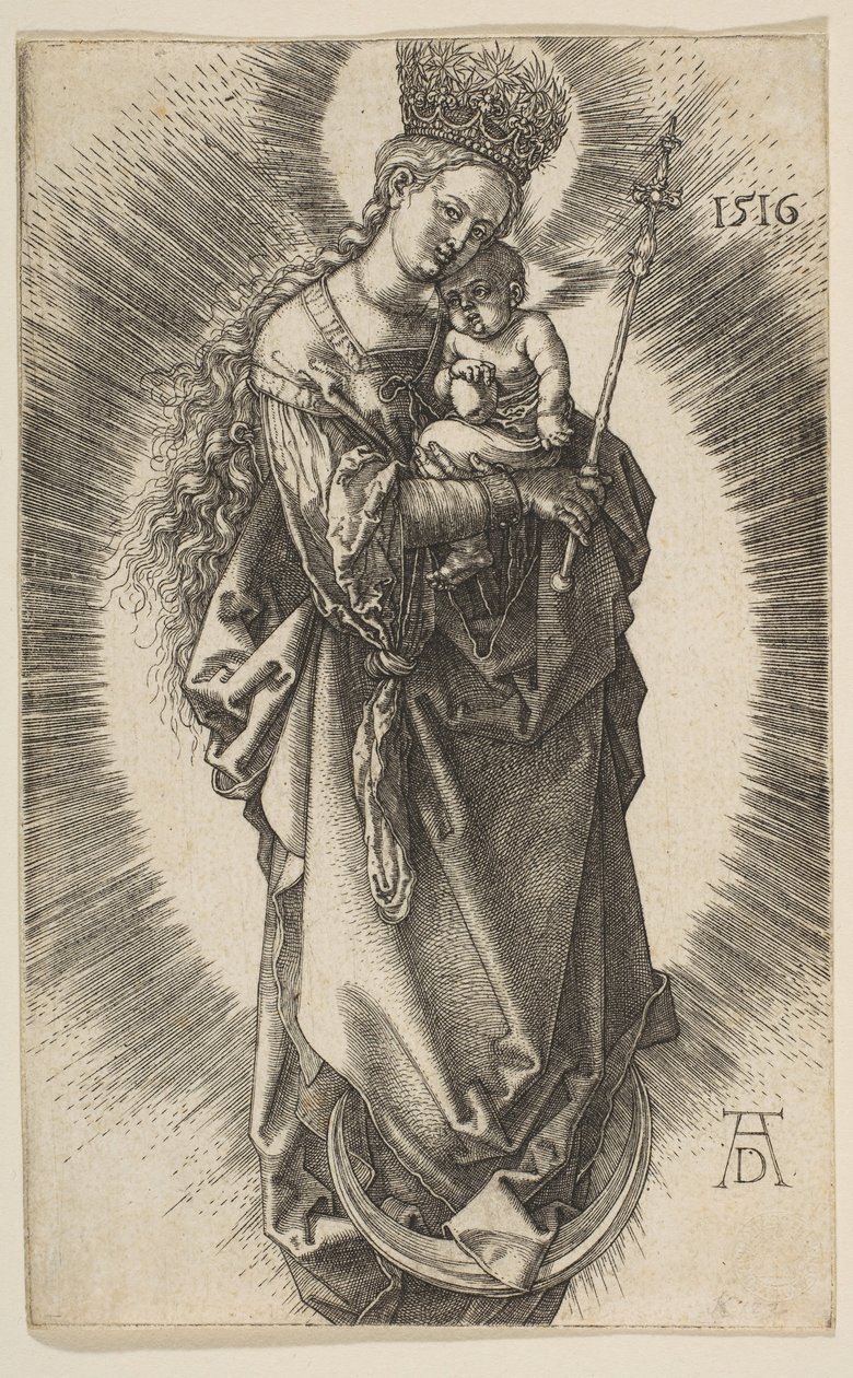 Szűz a félholdon, jogarral és csillagos koronával, 1516. alkotó: Albrecht Dürer