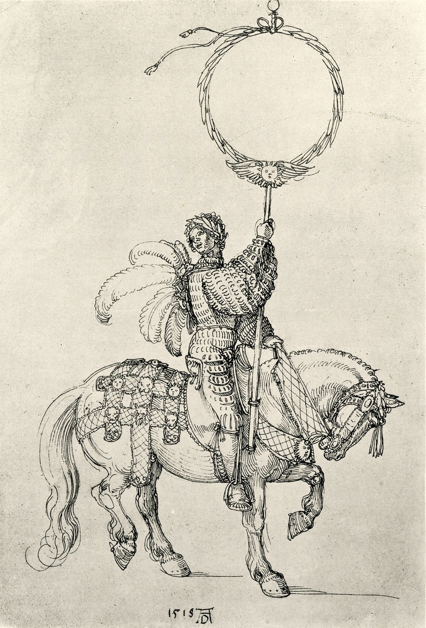Fiatal lovas, mint koszorútartó alkotó: Albrecht Dürer