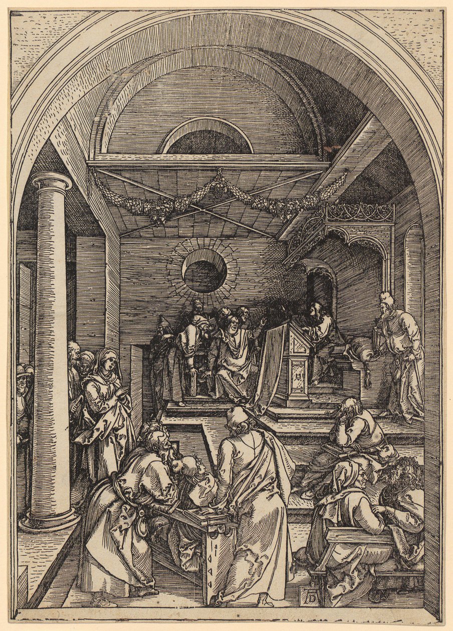 A tizenkét éves Jézus a templomban, a „Mária élete” című sorozat 16. lapja alkotó: Albrecht Dürer