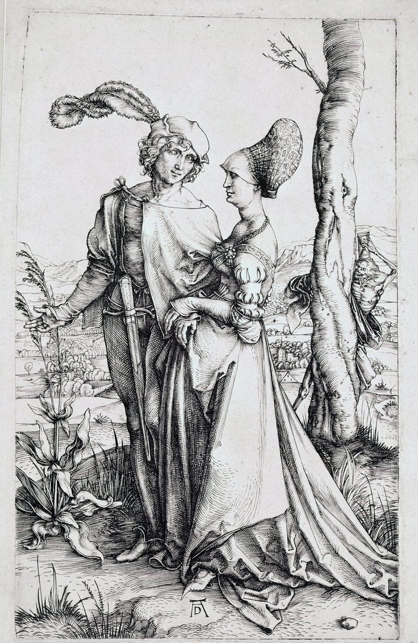 Egy házaspár sétál, akiket a fa mögé rejtett Halál figyel, homokórát tartva). Albrecht Durer (1471-1528) metszete 1496-1498 Dim. 19x12 cm Berlin, gravírozott szekrény alkotó: Albrecht Dürer