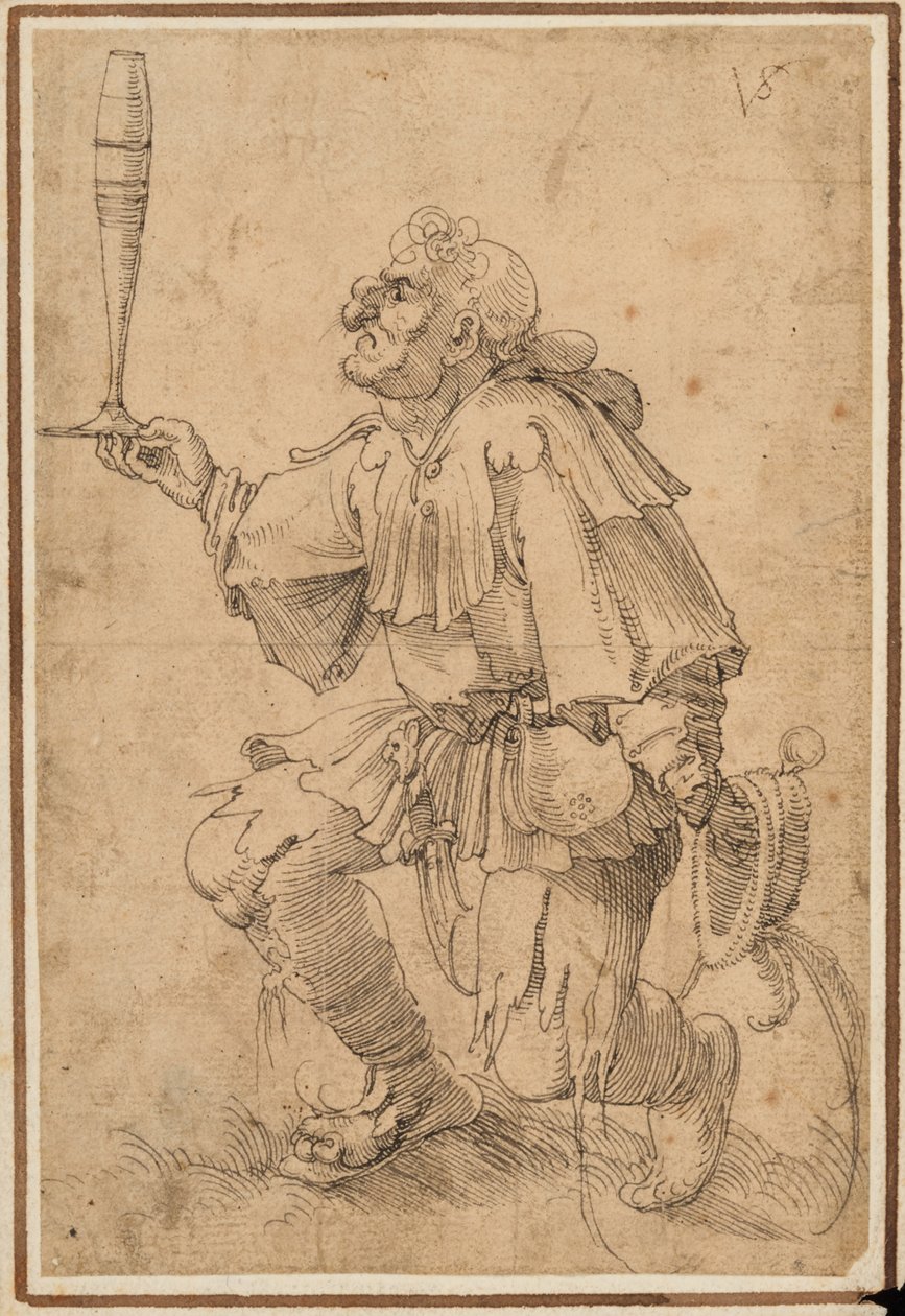 Egy groteszk férfi térdel, magas söröspoharat tart a tövénél alkotó: Albrecht Dürer