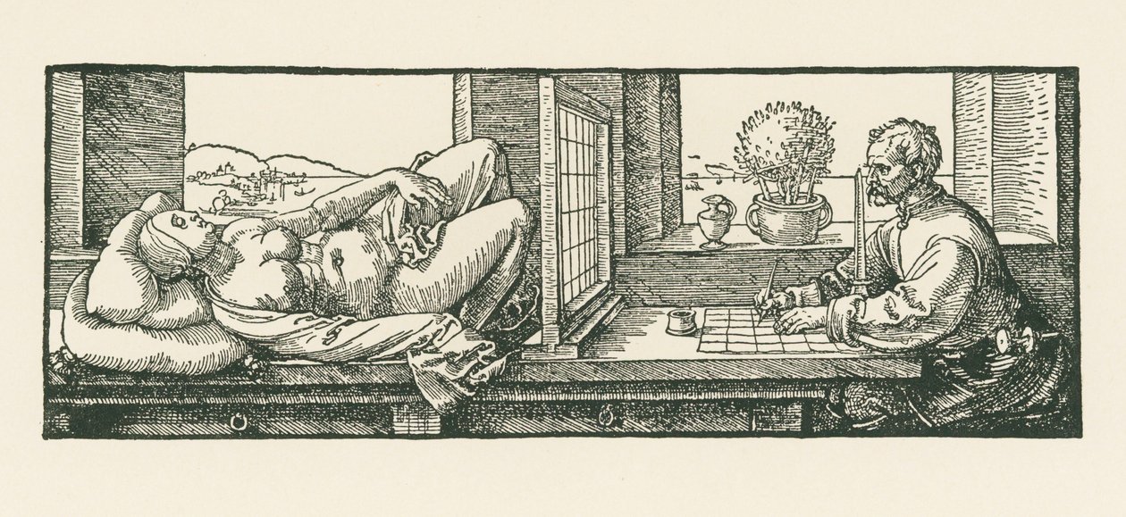 Egy férfi, aki egy fekvő nőt rajzol alkotó: Albrecht Dürer or Duerer