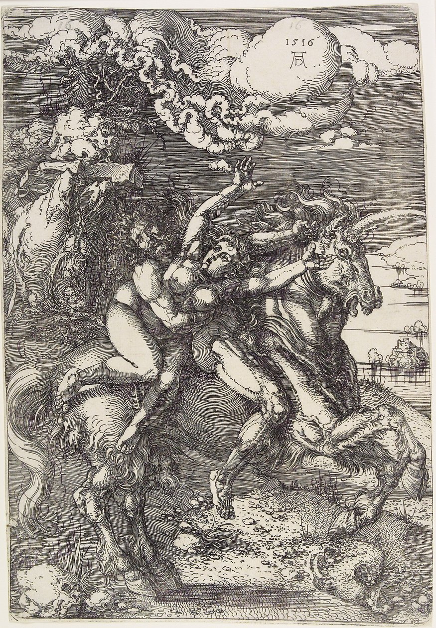 Elrablás egy unikornison alkotó: Albrecht Dürer