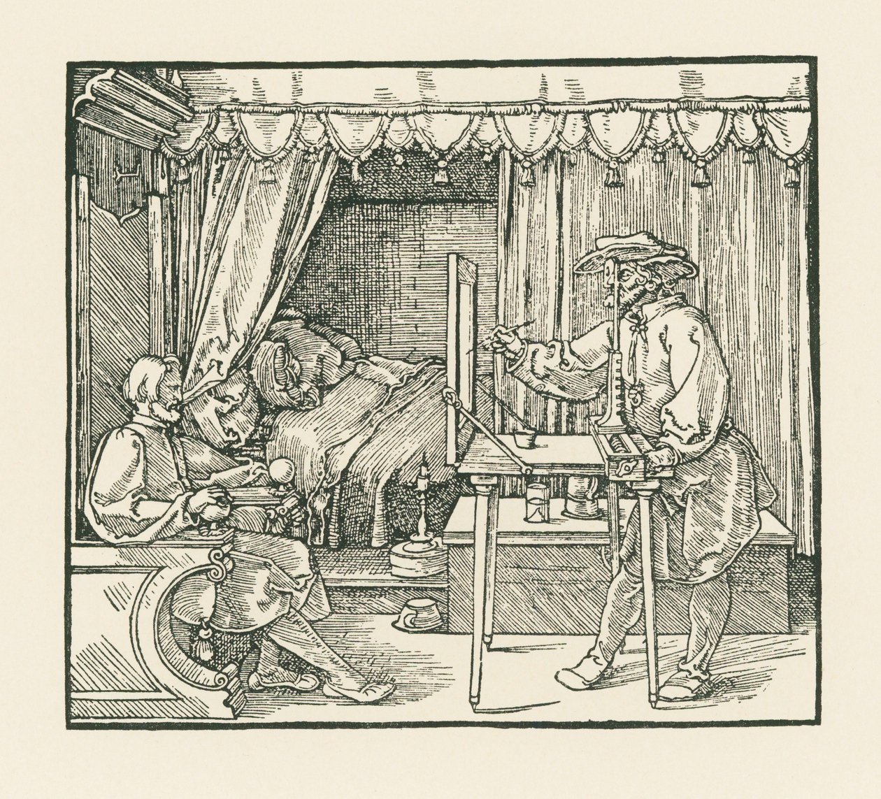 Egy művész egy ülő embert rajzol egy üveglapra egy látószárnyon keresztül. alkotó: Albrecht Dürer or Duerer