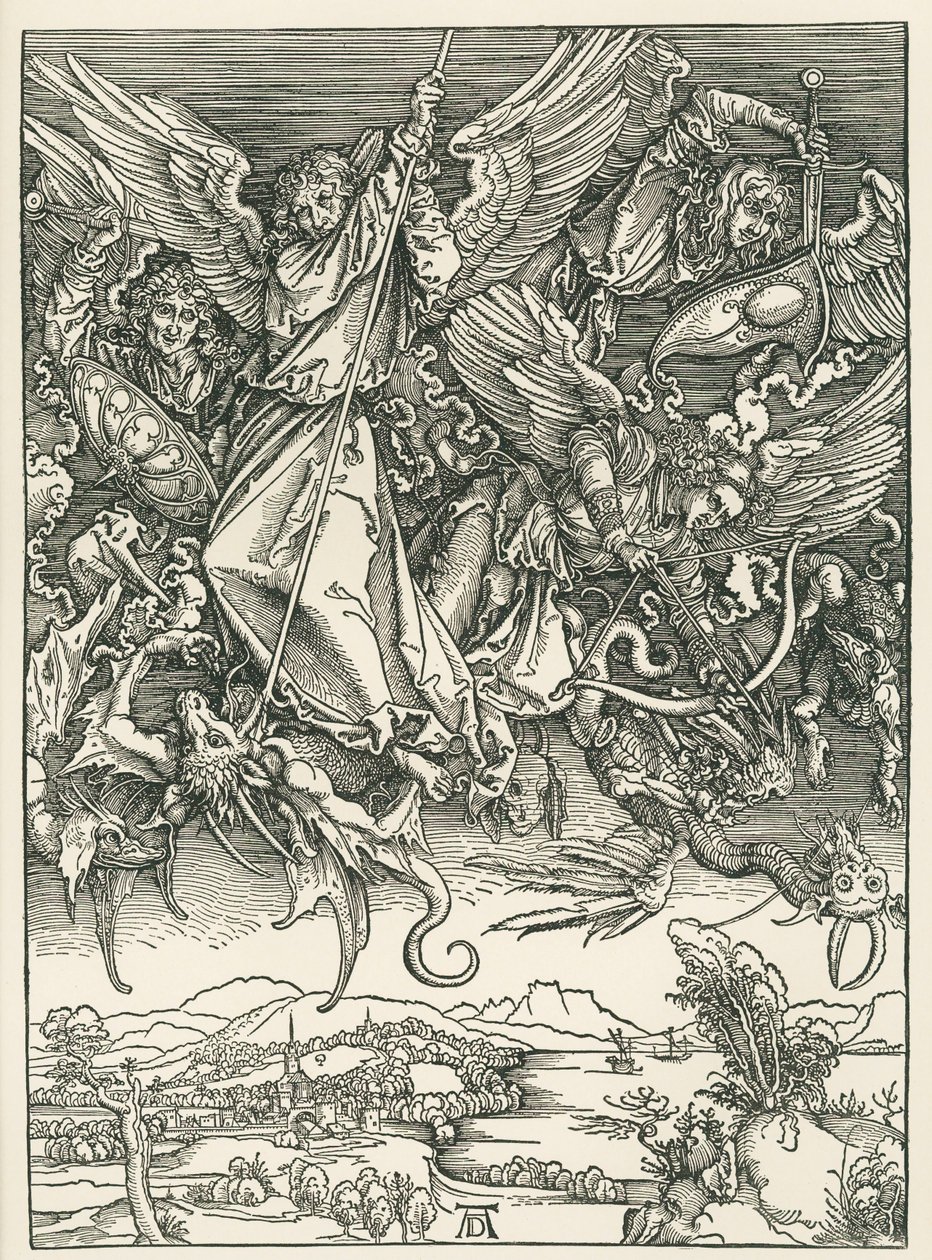 Mihály arkangyal harcol a sárkánnyal. Szent János Jelenései, 1498 körül (fametszet) alkotó: Albrecht Dürer or Duerer