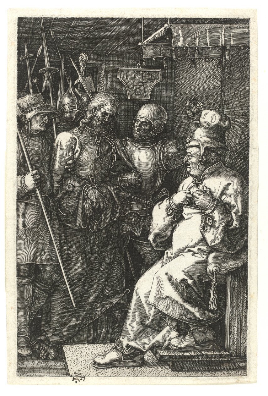 Krisztus Kajafás előtt. 1512 (Burin-metszet rézre) alkotó: Albrecht Dürer