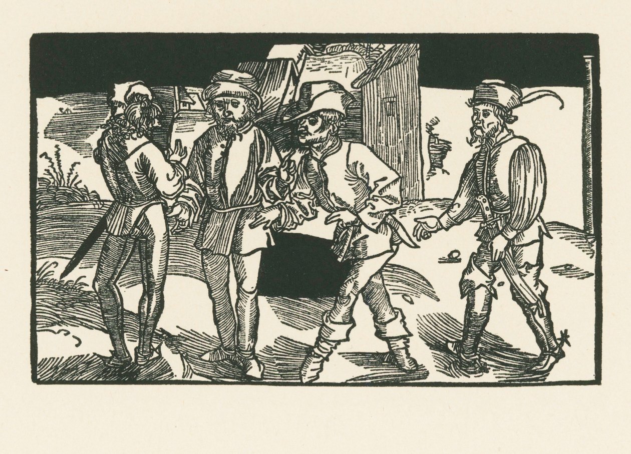 Clitipho, Menedemus, Chremes und Syrus, 1492-93 körül (fametszet) alkotó: Albrecht Dürer or Duerer