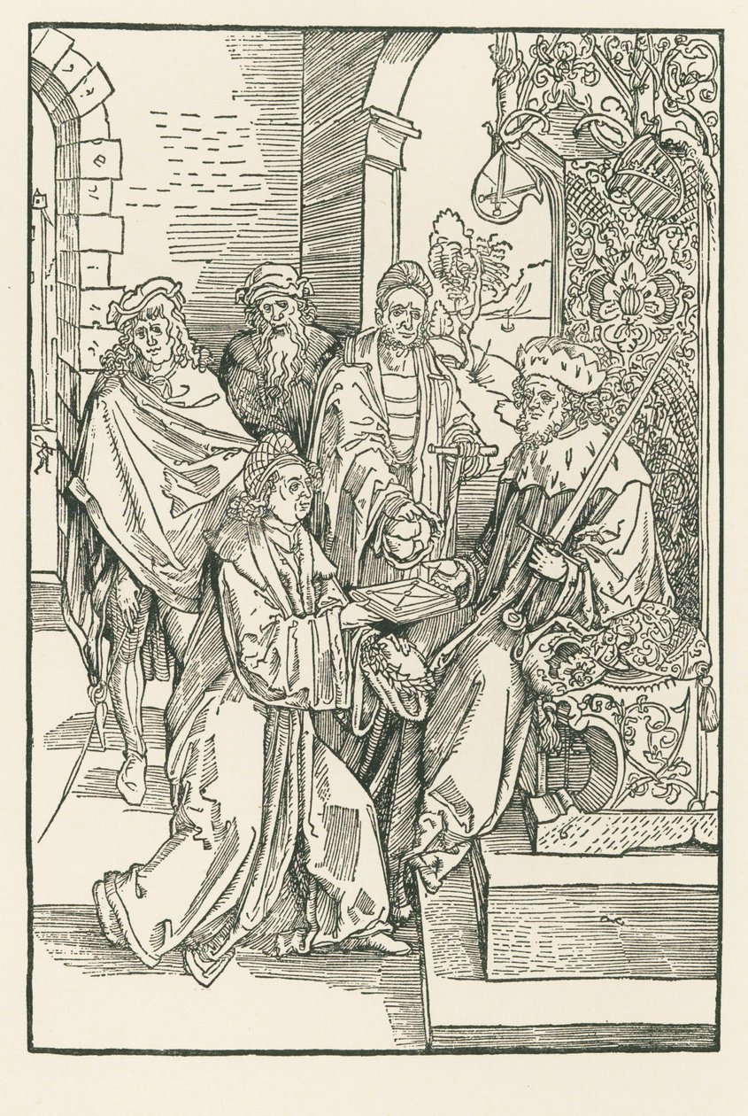 Conrad Celtes átadja a Roswitha-komédiák kiadását Friedrich szász választófejedelemnek. alkotó: Albrecht Dürer or Duerer